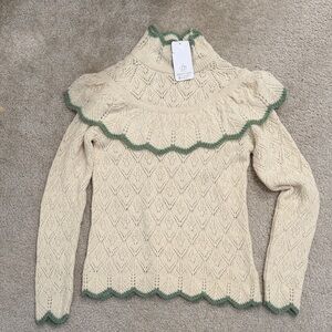 Wool-Blend Cream Ruffle Yoke Sweater with Green Trim